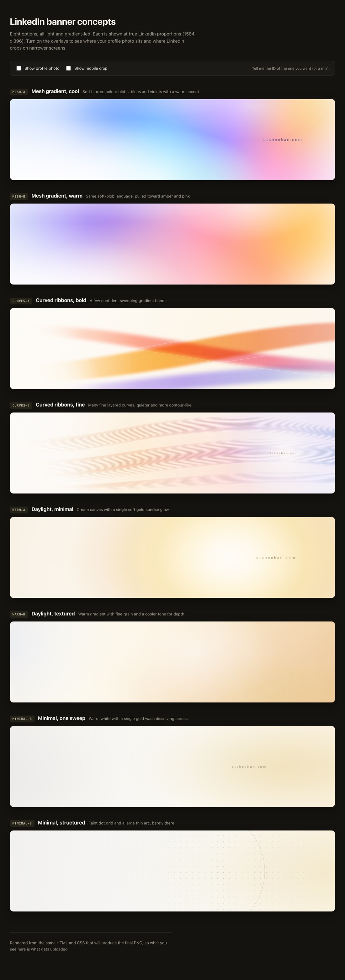 A review gallery of eight LinkedIn banner concepts produced by four parallel agents, each shown at true 1584x396 proportions